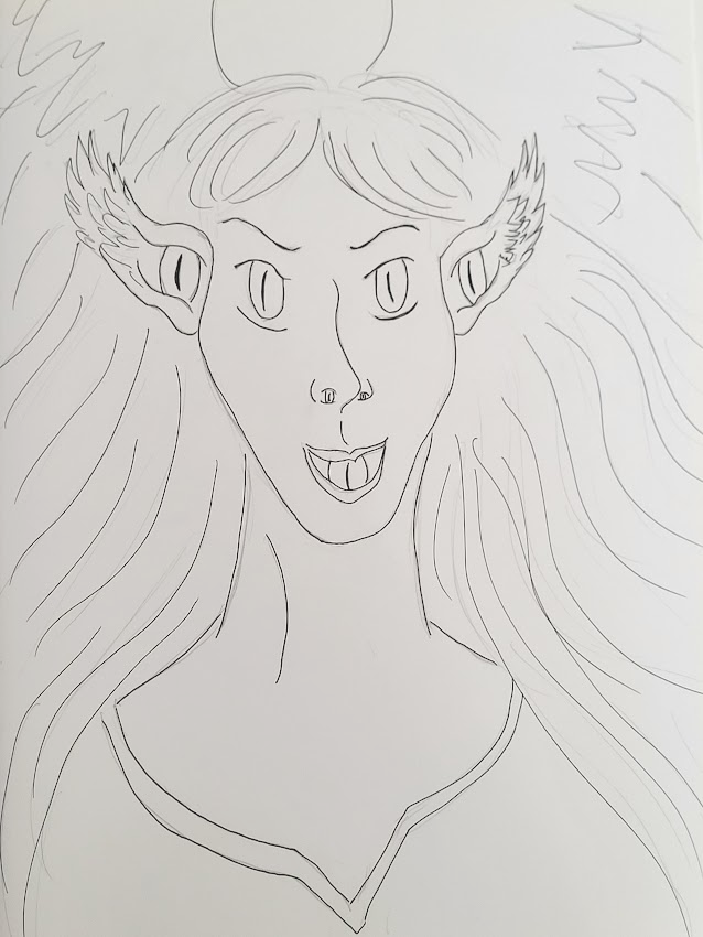 Line art of a person with long hair framing their face, whose ears are feathered on the ends like wings. The ears have eyes inside the openings, and similarly so do the nose nostrils and the mouth, for a total of seven eyes on their face. They are wearing a tunic and have large wings.