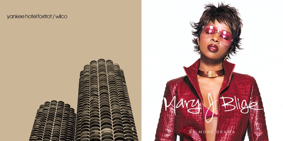First pic: A low angle photograph, tinted beige-brown, of the two towers of the Marina Complex building in Chicago. It is unsual-looking in that every level consists of disc or clam-shaped balconies, just hundreds of them stacked on top of each other. Second pic: A photograph of Mary J. Blige, a Black woman with short spiky brown hair, wearing a red leather jacket and just a red brassiere underneath. She also wears red tinted glasses, and her eyes are closed. She has a kind of “take me away from here/I’m mentally getting away from here” look on her face.