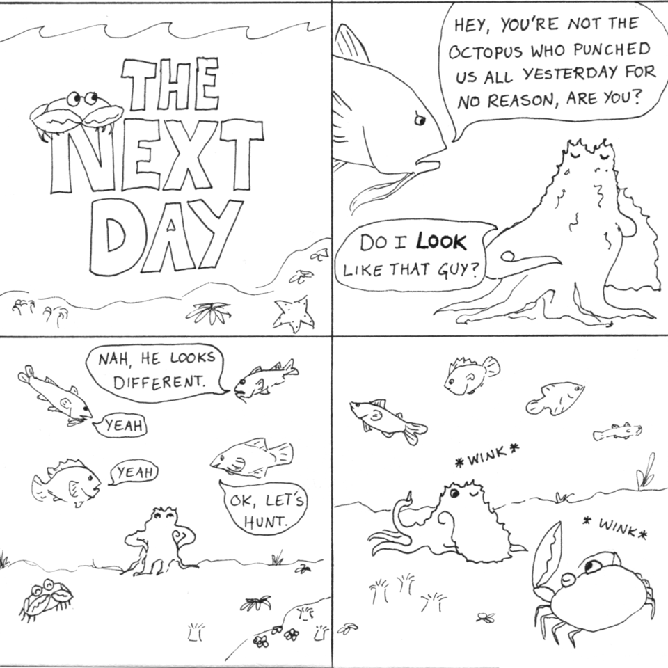 Four panels of a black and white ink comic. In Panel 1, large text reads