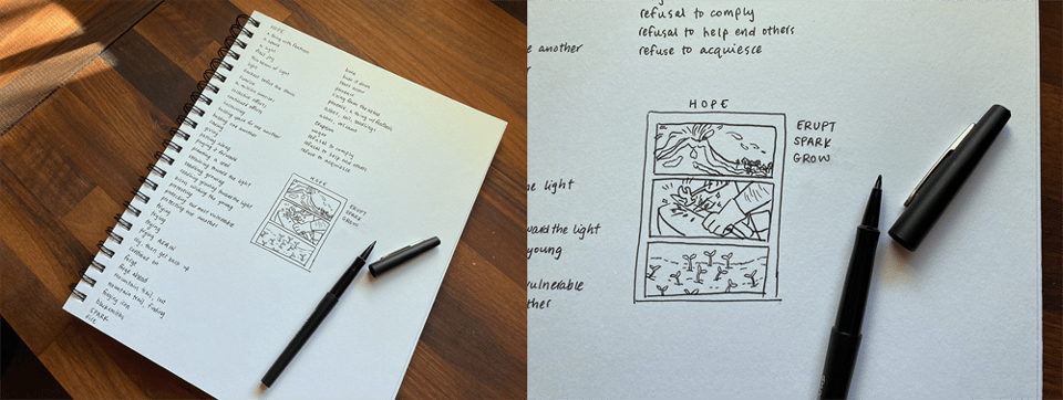 Two images side by side showing the brainstorming process for the Hope comic. Image one: A sketchbook is open to a page showing Jessi's handwriting in black ink as they write out words and ideas associated with the word