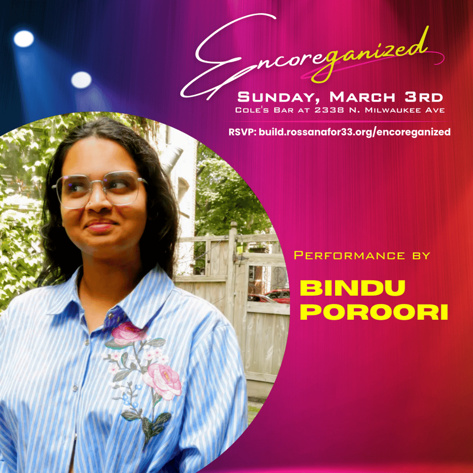 A colorful magenta and yellow infographic sharing the event text written elsewhere in this newsletter and a promotional photo of the artist whose bio is below.