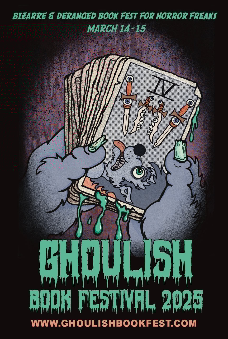 poster for our festival. tarot cards. 4 of swords. ghoulish creature bleeding. creepy hands. gross fingernails.