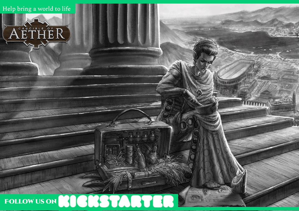 A black and white drawing for the TTRPG Crucible of Aether depicts a figure in a toga sitting on wide marble stairs above a cityscape. The figure, who has canine-like facial features, is grinding herbs with a mortar and pestle while looking at instructions on a piece of parchment she is holding down with a foot.
