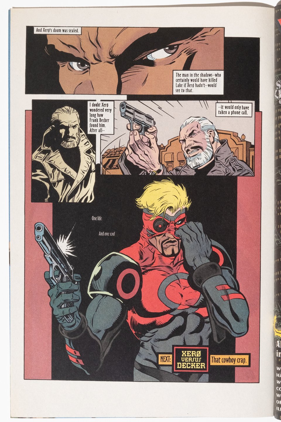 a four panel page from Xero. The first panel is a close up of Coltrane Walker's eyes. The second panel is a heavily contrasted drawing of Frank Decker. The third panel shows Decker drawing a gun and turning behind himself. The fourth panel shows Walker putting on his Xero mask with his left hand while he holds a gun in his right.