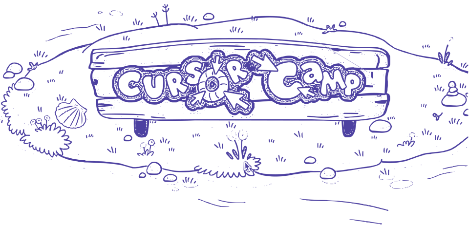 Screenshoot of the Cursor Camp logo illustration showing a lovingly wooden sign on a small patch of land