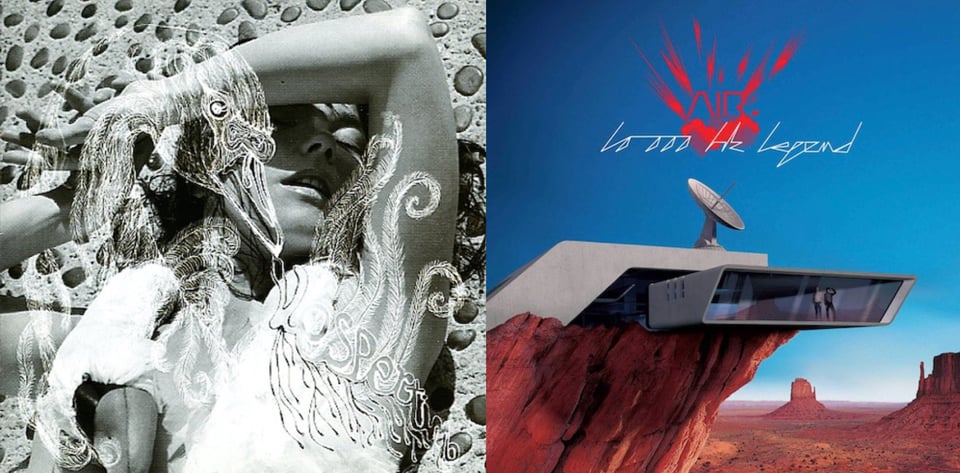 First pic: A black and white photo, tinted in a bluish-grey, of Björk, a white woman, laying on concrete in the sun, one arm over her face and casting it in shadow. Her eyes are closed and mouth is slightly open, intending a kind of sensual feeling. I believe she's naked, but her chest is obscured by a drawing of a goose or swan overlaying the image. The word VESPERTINE can just be made out in the bird's feathers. Second pic: A painting of a red desert landscape with mesas visible in the background. In the foreground is a red cliff with a futuristic, sleek grey building building built on top of it. The building has a glass observation deck jutting out from the cliff and hanging above empy air. There are two figures in the glass observation deck. On top of the building is a satellite dish.