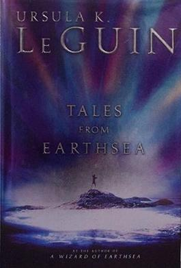 Cover of Le Guin's Tales from Earthsea, a photo illustration of a human figure on a rocky island