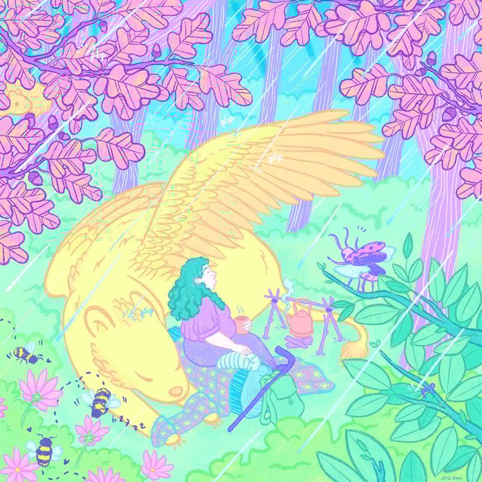 A colorful illustration of a person resting in a clearing of a forest on a rainy day, enjoying a cup of tea under the outstretched wing of a golden griffin taking a nap behind the person. A starry quilt covers its paws ever so slightly. The person pats a cat-sized roly poly bug sitting next to them on the log.