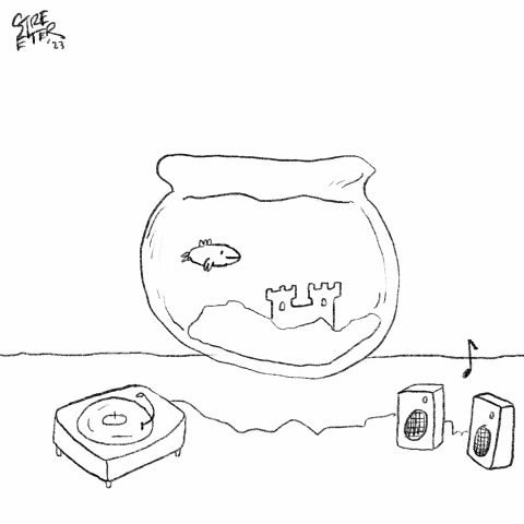 GIF animation of a happy fish swimming to music playing on a turntable