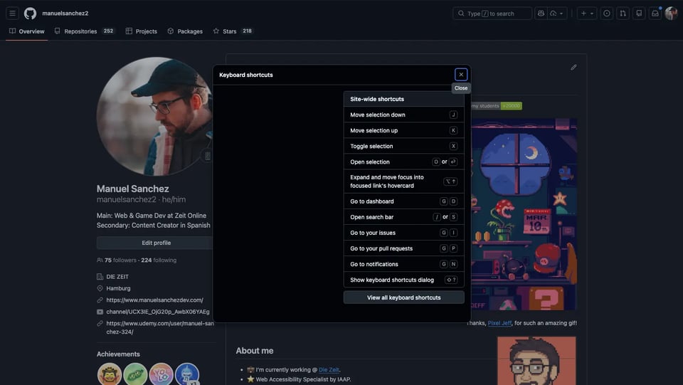 Screenshot of a GitHub profile page for Manuel Sanchez with a dark theme. A modal titled ‘Keyboard shortcuts’ is open in the center, listing navigation shortcuts.