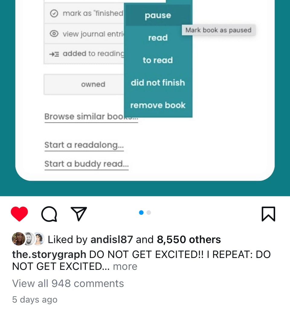 Screenshot showing the Paused teaser post has 8551 likes and 948 comments.