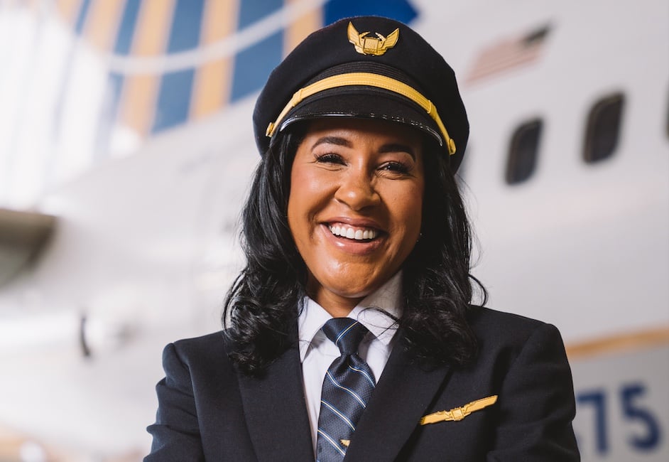 Photo of a Black female airline pilot working for United Airlines