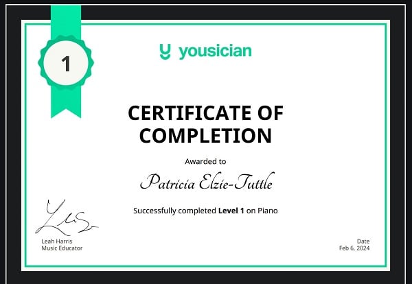 Level One Piano Certificate of Completion from Yousician