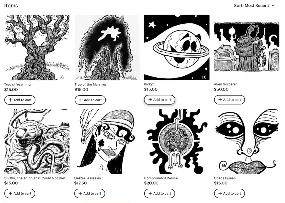 Screenshot of my Etsy store, with eight black and white images of drawings