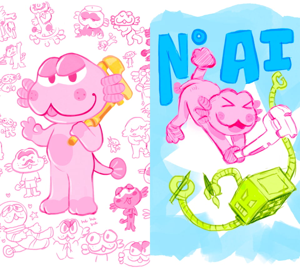 Illustrations of a pink anthropomorphized axolotl holding a large wrench. The image on the left is a large detailed Gorbit holding a wrench and giving a peace sign against a background of sketches of Gorbit smiling and in various activities. The image on the right is of Gorbit smashing a green computer with arms holding paintbrushes; text above reads: NO AI.