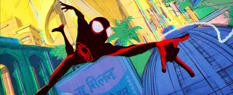 A still from Across The Spider-Verse: Miles in costume swings haphazardly through a 2D Manhattan-Mumbai mashup.