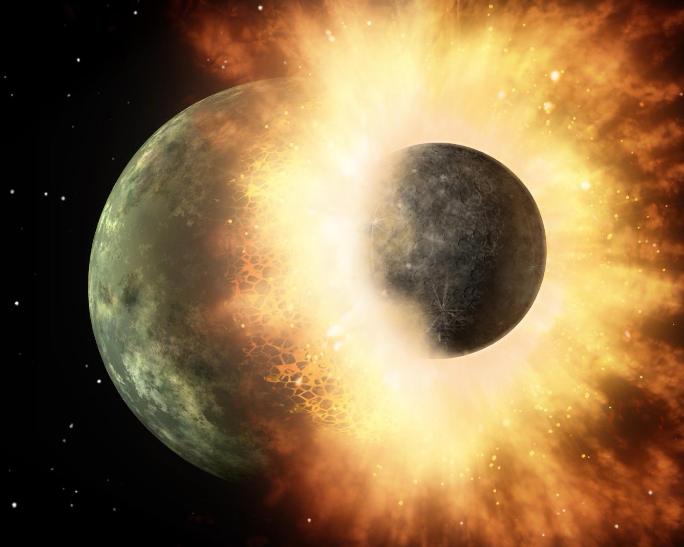 Artist's depiction of a collision between two planetary bodies, similar to the hypothesized collision between Theia and the proto-Earth. From Wikipedia.