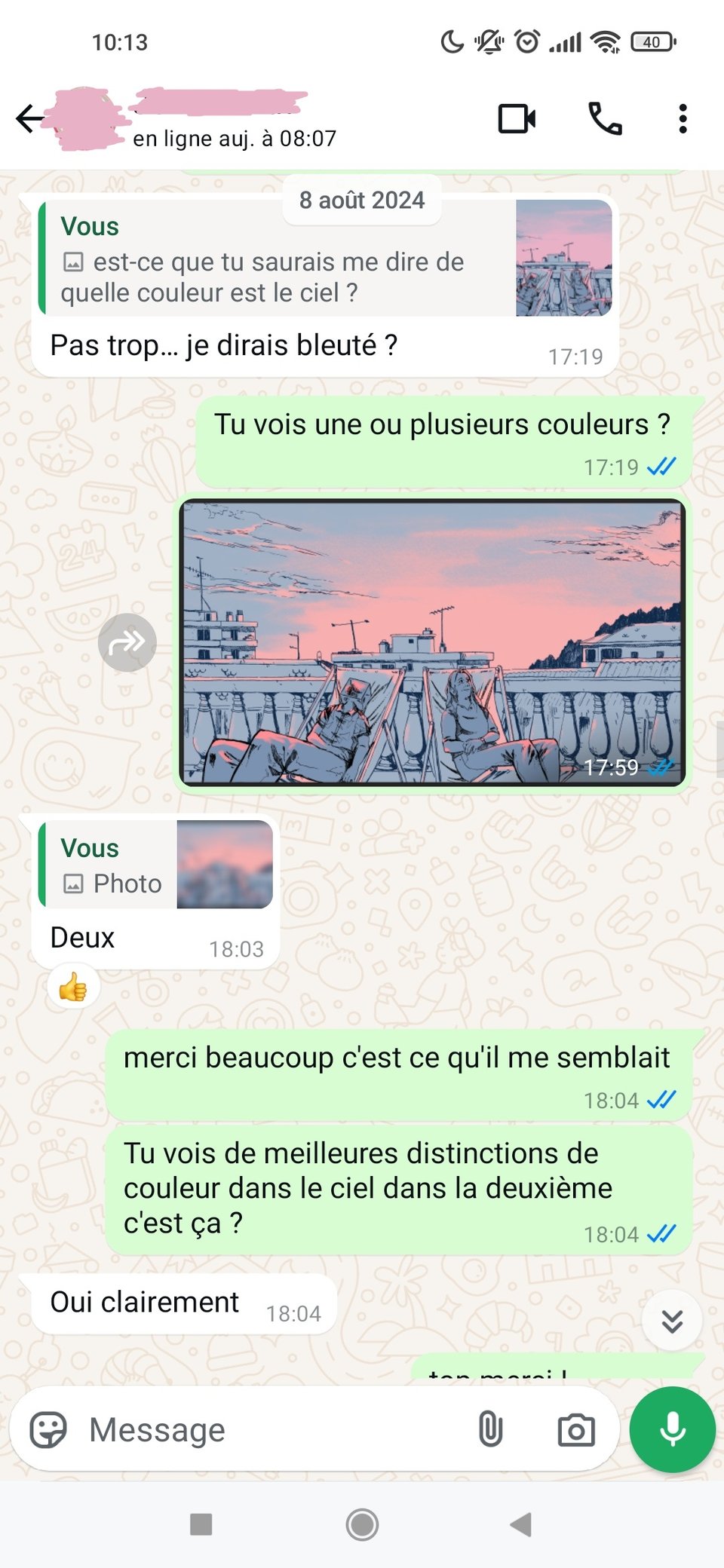 Screenshot from a whatsapp conversation -Could you tell me what color the sky is? - Not really… Blueish maybe? - Do you see one or several colors in the sky? - Two (thumb up!) -Thanks.That’s what I thought. Are the colors more distinct in the second picture? - Clearly, yes.