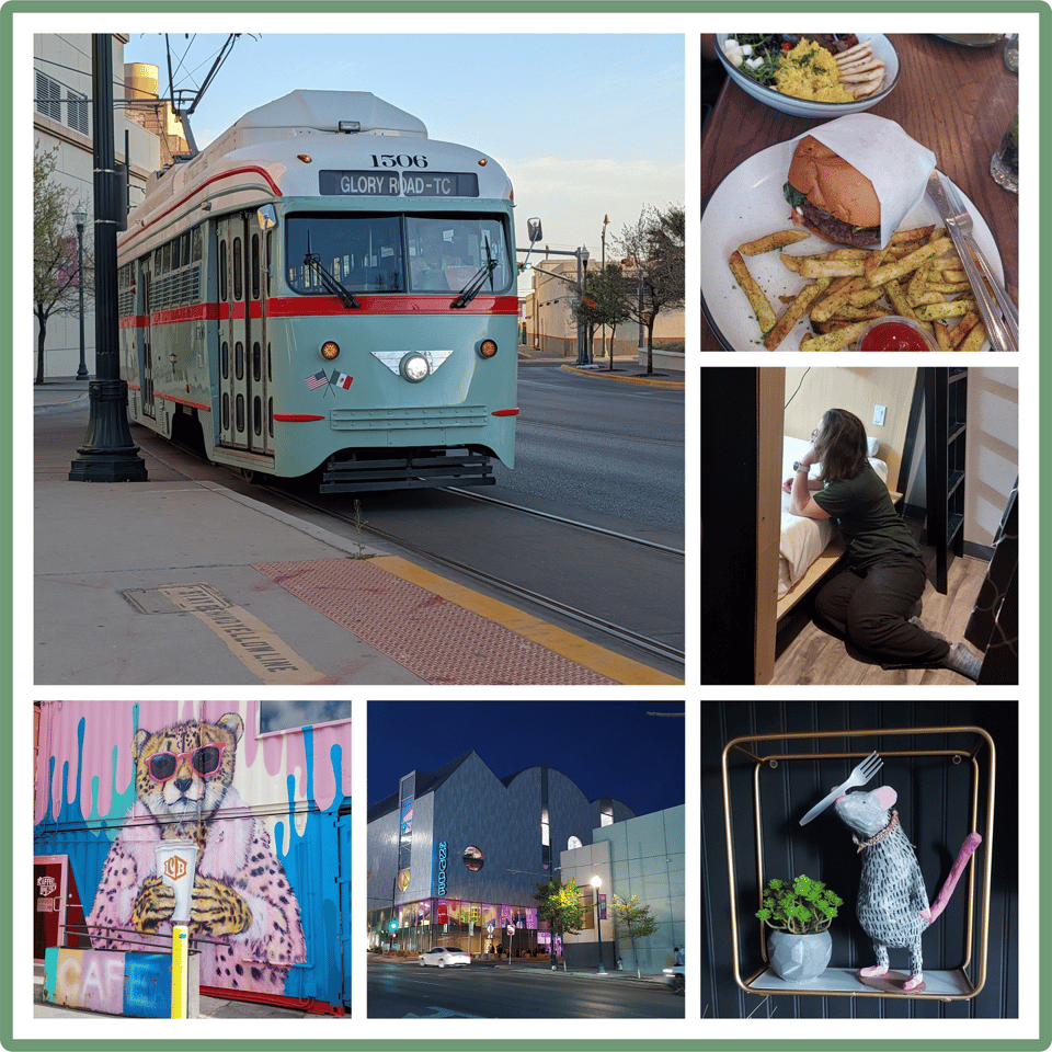A photo collage of the historic El Paso streetcar, which is mint green with orange and white accents, a burger with fries, a woman sitting on the floor with her head resting on a hand while she talks to someone off-camera, a paper mache rat sculpture raising a for above its head, the El Paso children's museum after dark, where the LED light fixtures in the walls are visible and look like stars, and a painting of a cheetah wearing a pink fluffy jacket, pink sunglasses, and holding a coffee cup.
