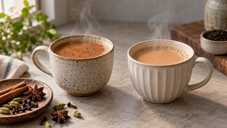 قابلمه چای شیری ادویه‌ای کنار زنجبیل، هل و دارچین