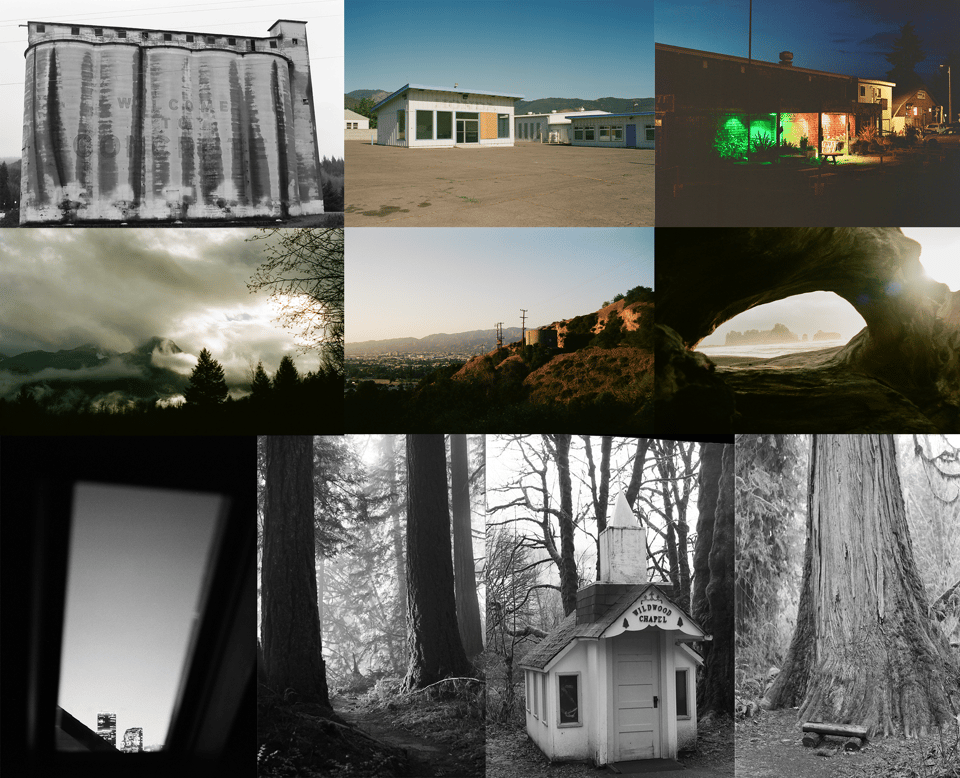 A grid of ten thumbnail images of film photographs I have taken: decaying structures with fading text, landscapes with dramatic clouds or golden sunlight; moody tall old-growth trees; a tiny chapel — its front door one third of its overall width — labeled Wildwood Chapel; an ocean view of some rocky outcroppings viewed through a big piece of ocean wood; a night view of Seattle through a pitched-roof skylight.