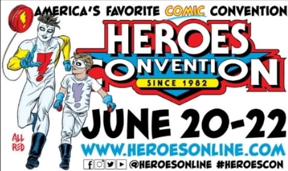 Heroes Convention banner with the tagline "America's Favorite Comic Convention", the dates of June 20 through the 22nd and with the web address www.heroesonline.com