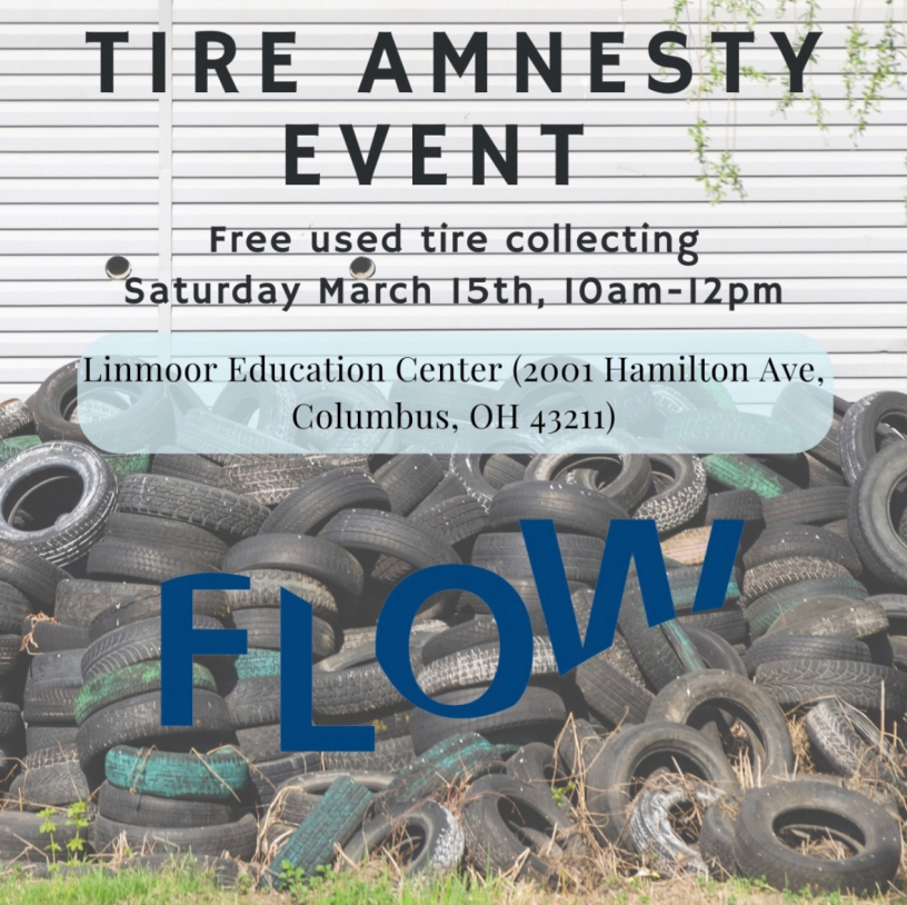 A tire pile, text: Tire Amnesty Event March 15 10am-noon Linmoor Education Center