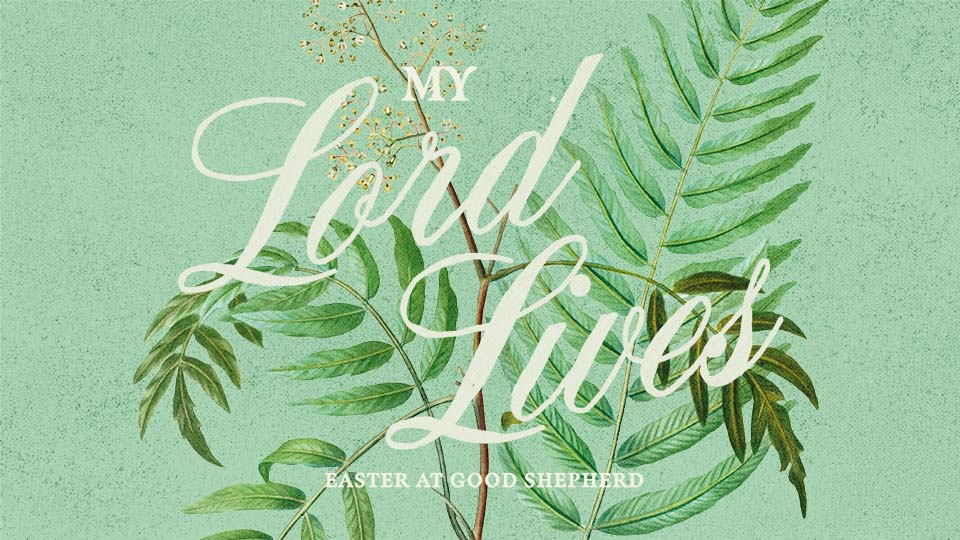 Easter sermon series art. Text "my lord lives" in the foreground. Foliage in the background.