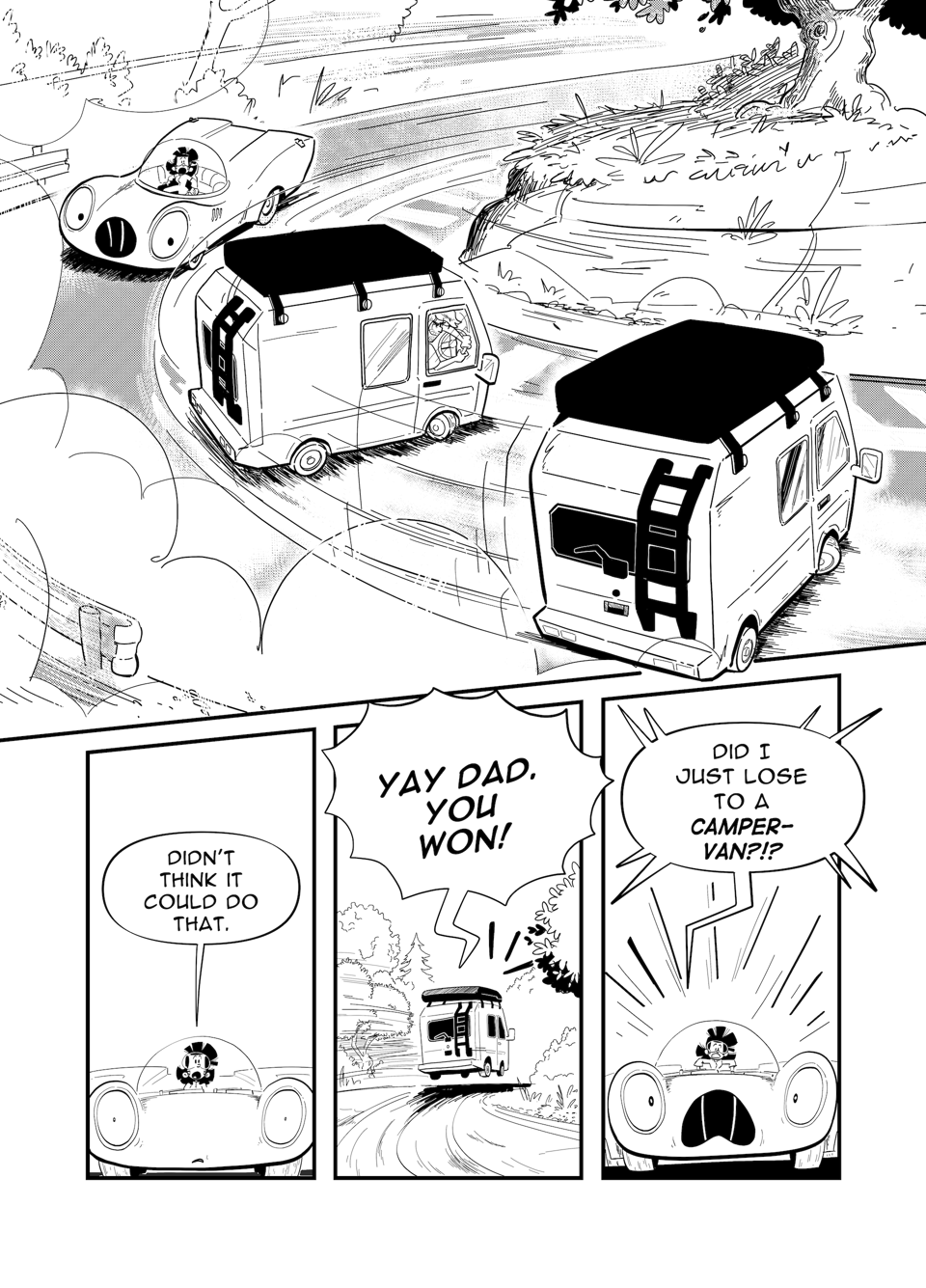 Worldracers Japan pg 9, Panel 1, Racecar looks stunned, in multiple images of the camper van drifting through another hairpin turn. Panel 2, Tess, 