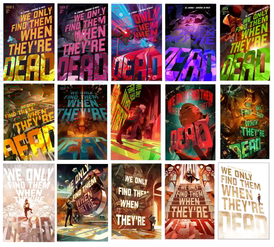 The covers of all 15 issues of We Only Find Them When They're Dead.