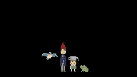Pixel art of the characters from Over the Garden Wall, two boys, a bird and a frog with a looming pumpkin creature over them