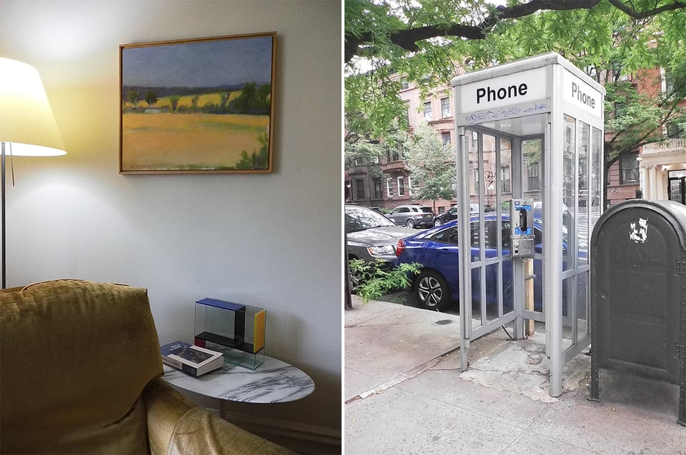 two digital Instax images: left, a corner of a living room, feat. a moss-colored chair with an endurable holding a book and a desk-sculpture, with a painting on the wall above; right, a NYC sidewalk with a phonebooth and a mailbox