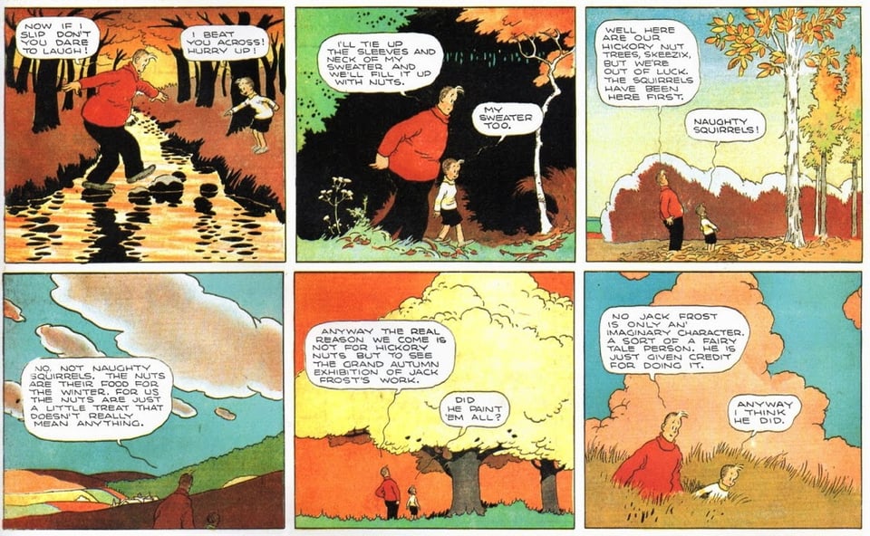 A portion of the “Gasoline Alley” Sunday comic form November 28, 1926 showing Walx in red coat and Skeezix in white shirt walking through woods, across a river, looking at trees. Backgrounds are vividly colored with gradients.