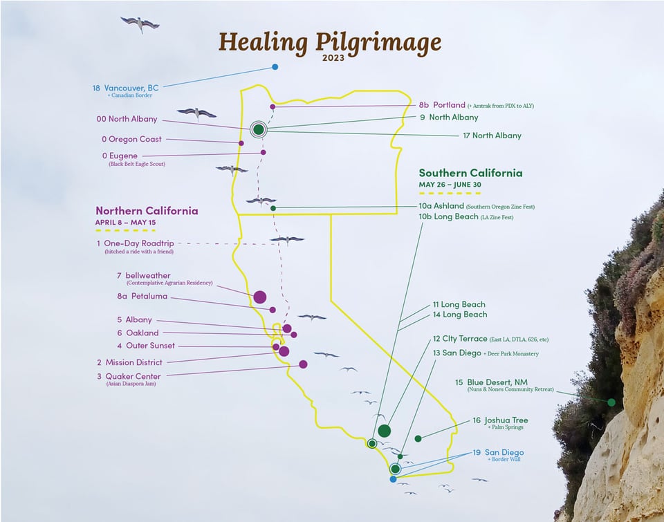 Route of cities visited during Healing Pilgrimage 2023 mapped along the outlines of Oregon and California superimposed atop a picture of migrating birds in flight