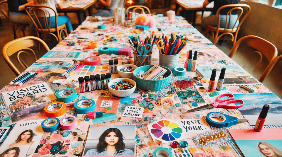 AI generated photorealistic image of a vision board workshop table