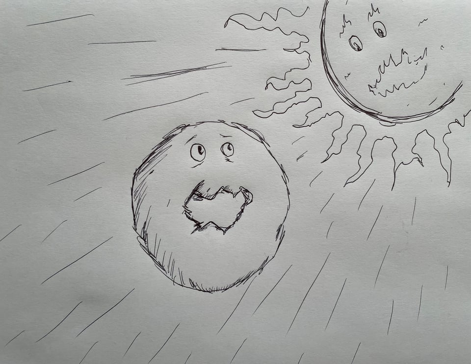 A rough sketch of a donut staring at the sun and the sun staring back