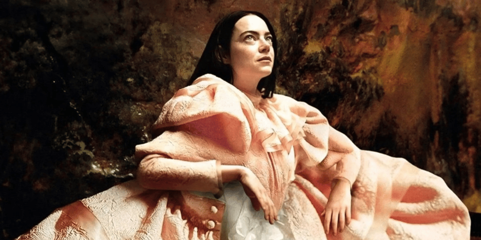 Emma Stone in a giant peach dress.