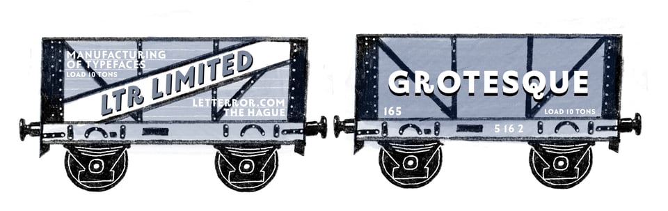 Drawing of two old style toy rail cargo cars. Lettering on the left says "LTR LIMITED". Car on the right says "GROTESQUE".