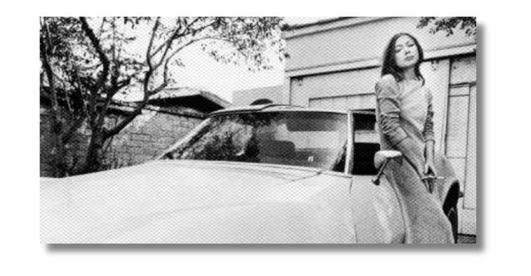 Writer Joan Didion posing with her car, a Stingray Corvette, in a 1968 photo