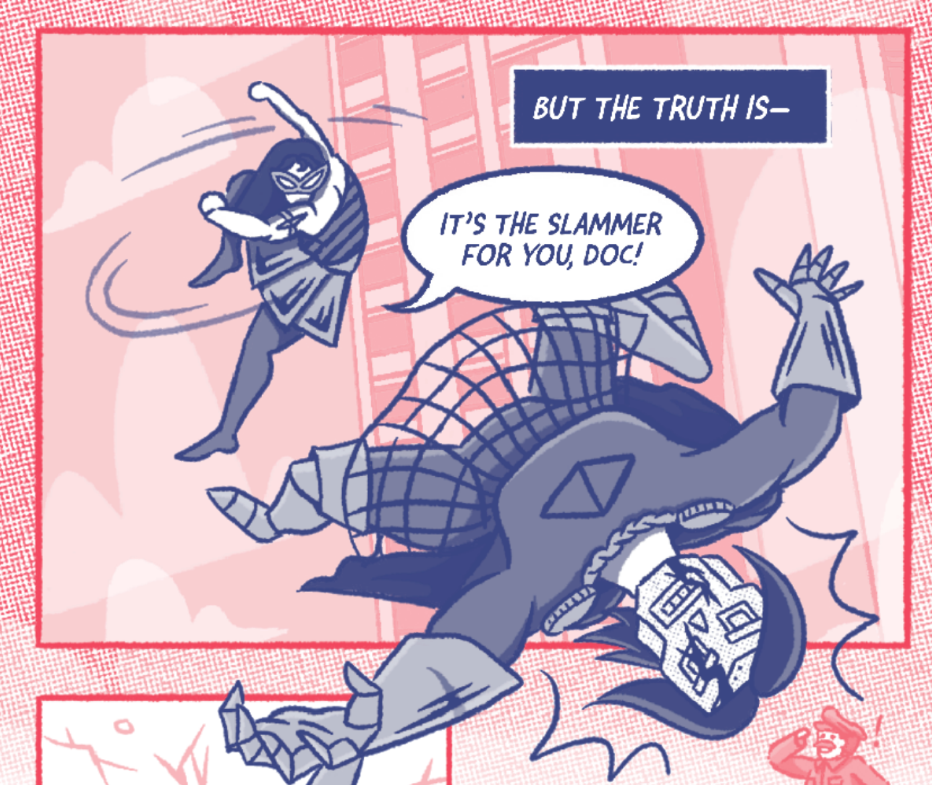 A panel from WORLDS APART, where a superhero version of the main character, Charissa, punches a supervillain version of herself.