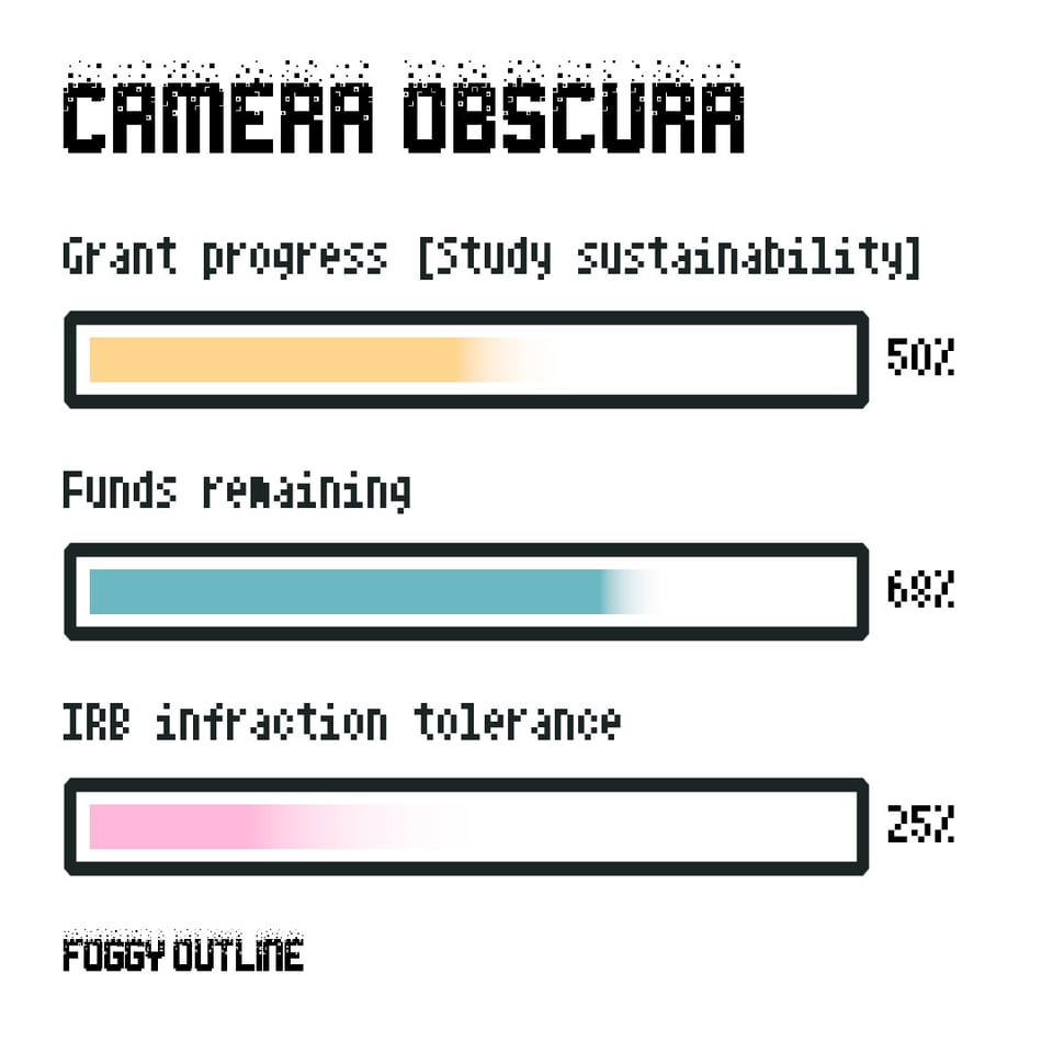 Camera Obscura by Foggy Outline. Grant progress 50 percent. Funds remaining 68 percent. IRB infraction tolerance 25%.