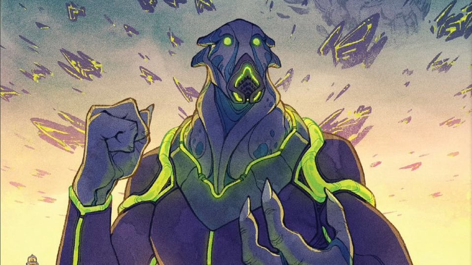 An illustration out of The Last Caravan showing an armored alien with legions of spaceships flying overhead.