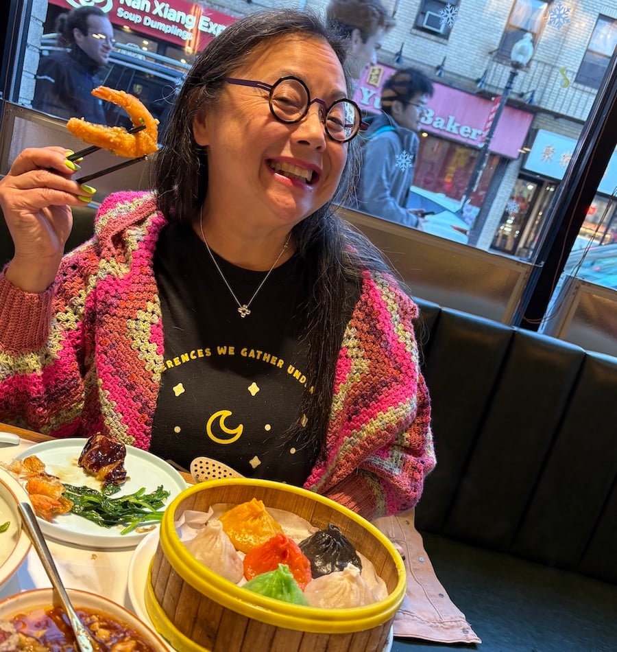 My beautiful friend, with salt-pepper shrimp and rainbow soup dumplings.