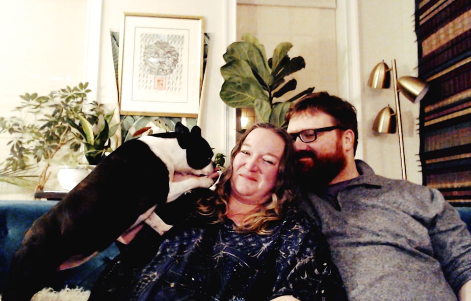 Tim and Karen and Beedie the Boston Terrier in our house in Philadelphia on Valentine's Day 2021