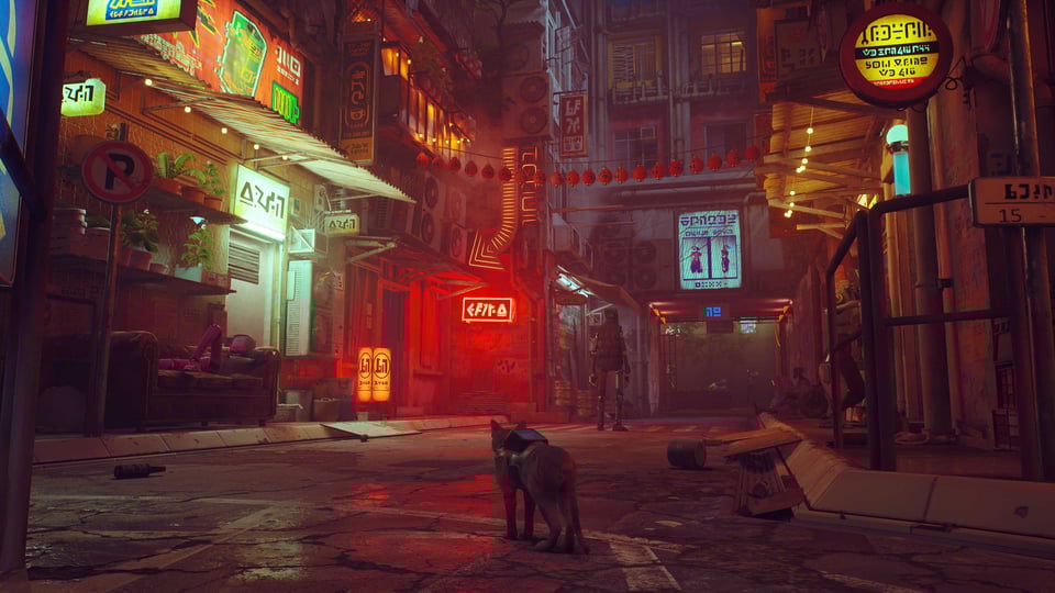 A cat standing in a neon-lit cityscape.