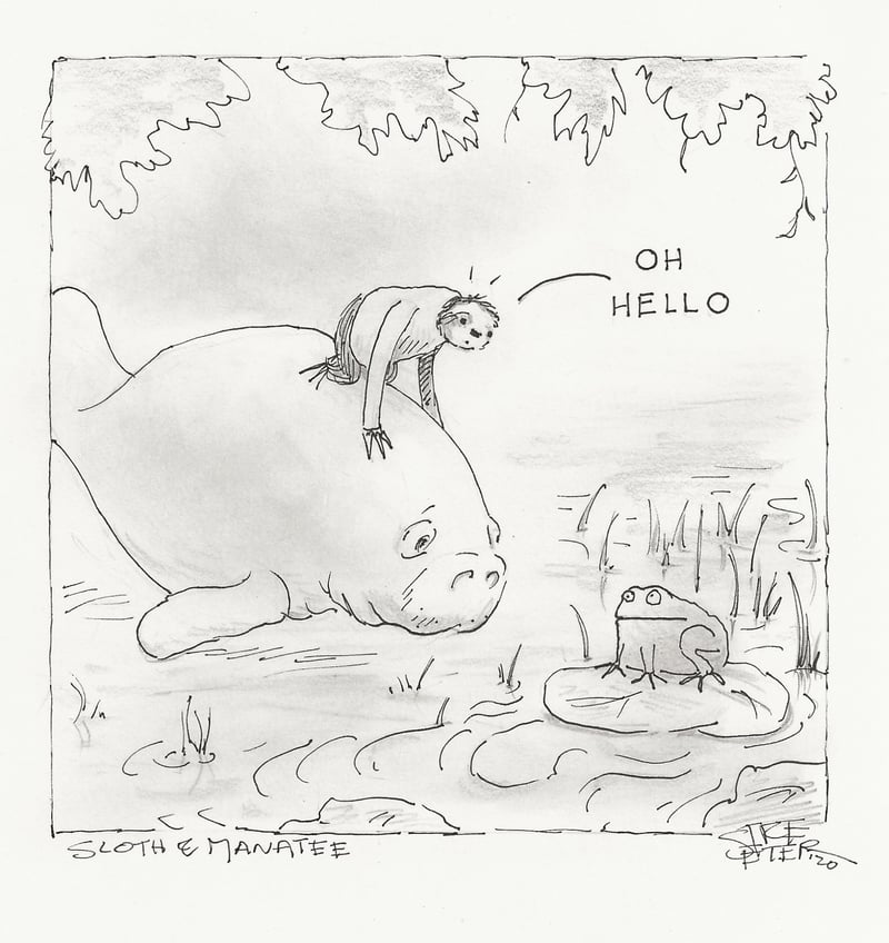 Sloth and Manatee comic in which the friends meet a frog in a swamp