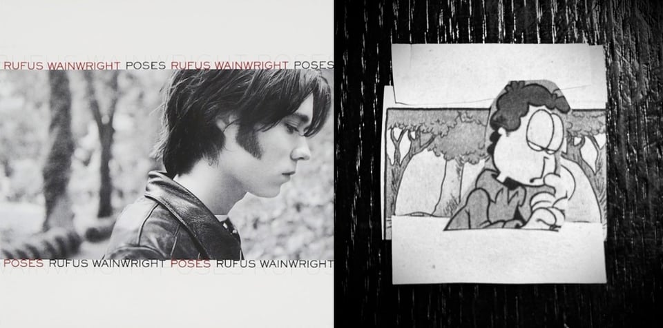 A black and white photo of Rufus Wainwright in profile. He is a white male with longish dark hair and sideburns. He is wearing a leather jacket. Out of focus behind him are trees, like he's in a park.