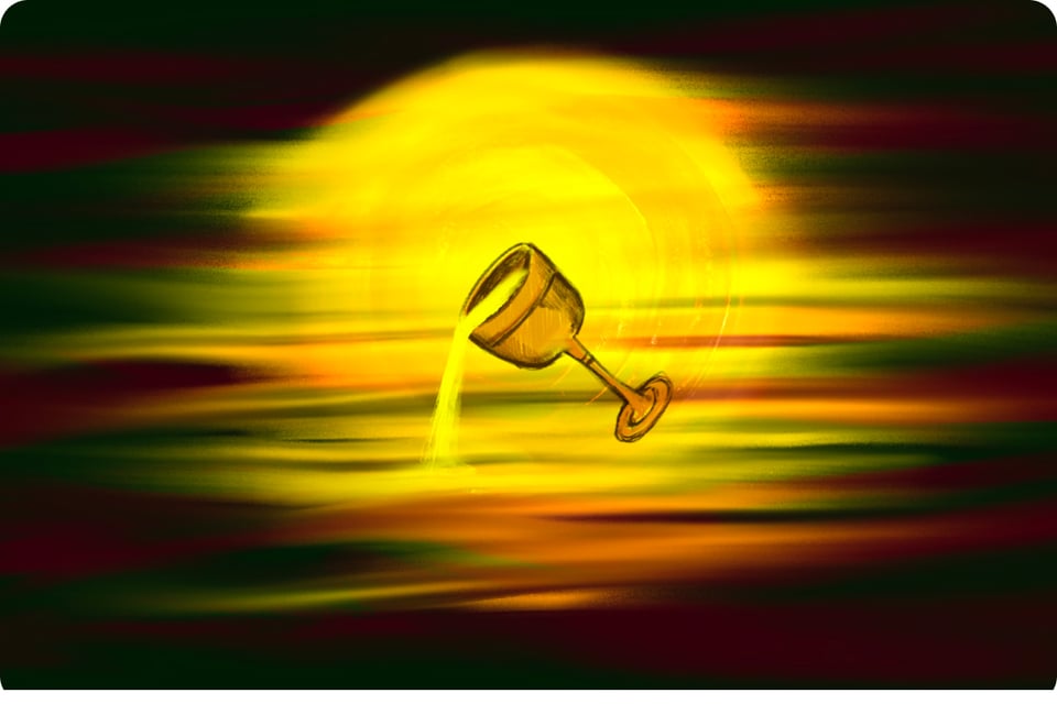gold goblet pouring golden liquid against dark sun