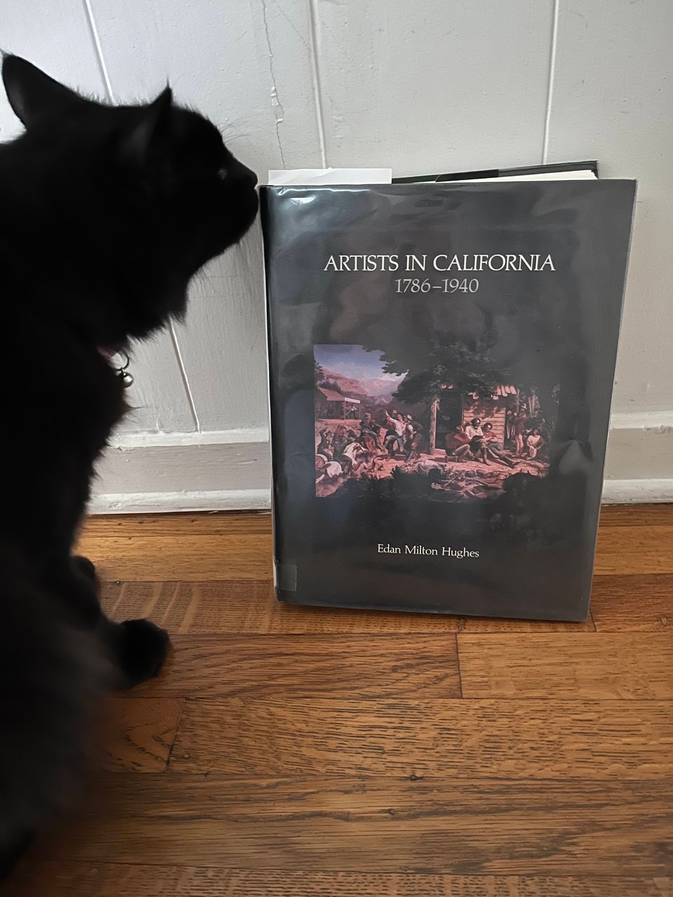 Photograph of a fluffy black cat sniffing a black, hardcover book propped against a white wall. The book title is Artists in California 1786 to 1940.