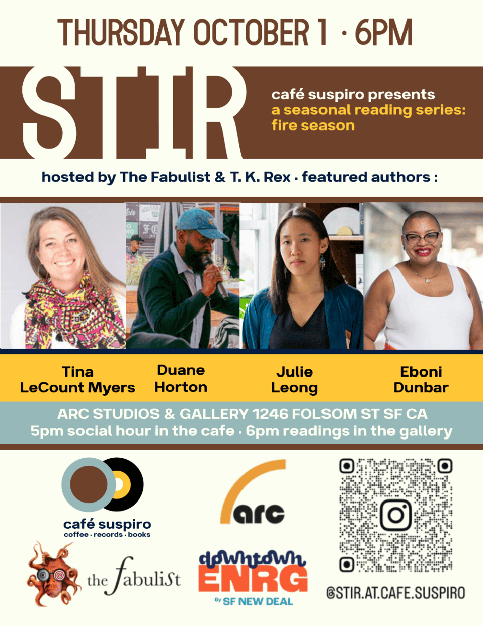 promo flier for Stir: Fire Season, with Tina LeCount Myers, Duane Horton, Julie Leong and Eboni Dunbar, hosted by The Fabulist and T. K. Rex, October 1 at 1246 Folsom in San Francisco.